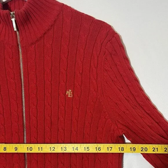 Ralph Lauren Women Sweater Cardigan Cable Knit Large Petite Red Christmas - Picture 6 of 13